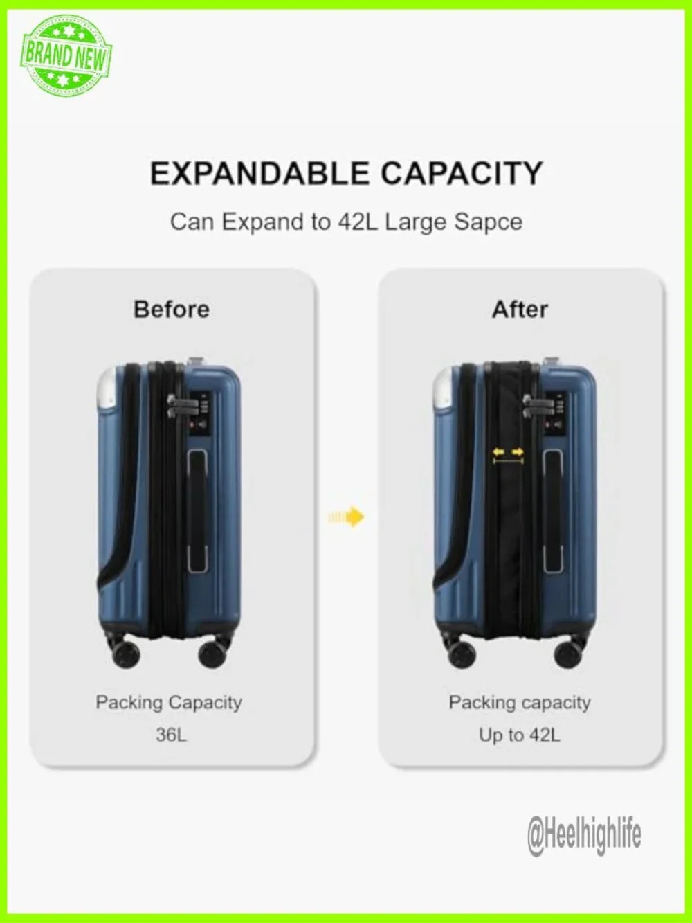 20 Inch Expandable Hard Shell Carry-On Luggage with Spinner Wheels - Picture 5 of 6